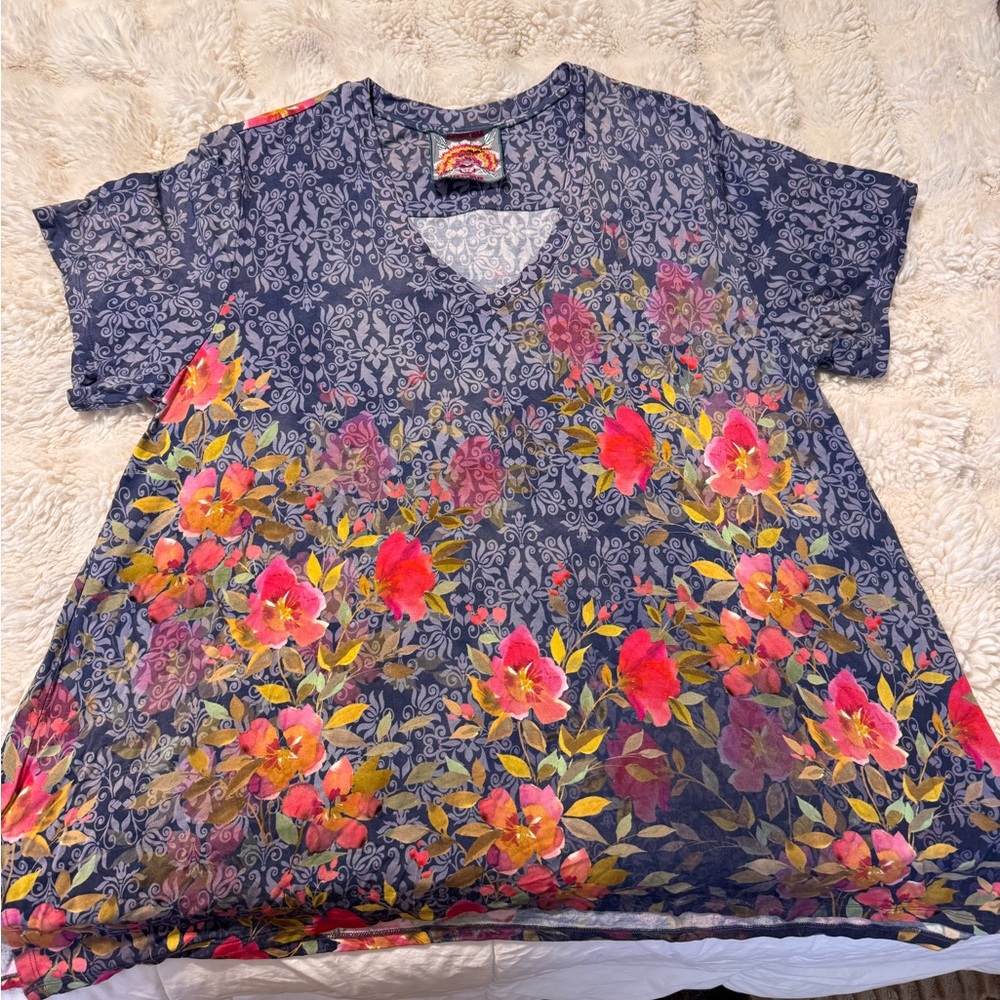 Johnny Was Blue Floral Short Sleeve Top